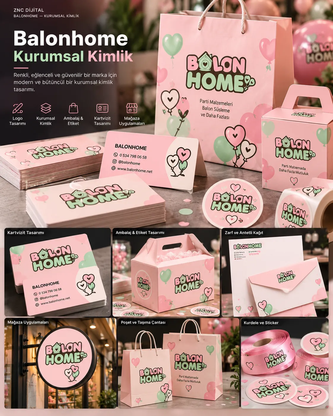 Balonhome corporate identity concept visualization: business cards, packaging, bags, labels and storefront sign
