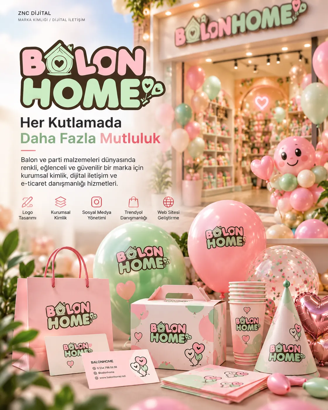 Portfolio-Präsentationsvisual mit dem Balonhome-Logo, einer pastellrosa und mintgrünen Markenidentität und Konzeptanwendungen