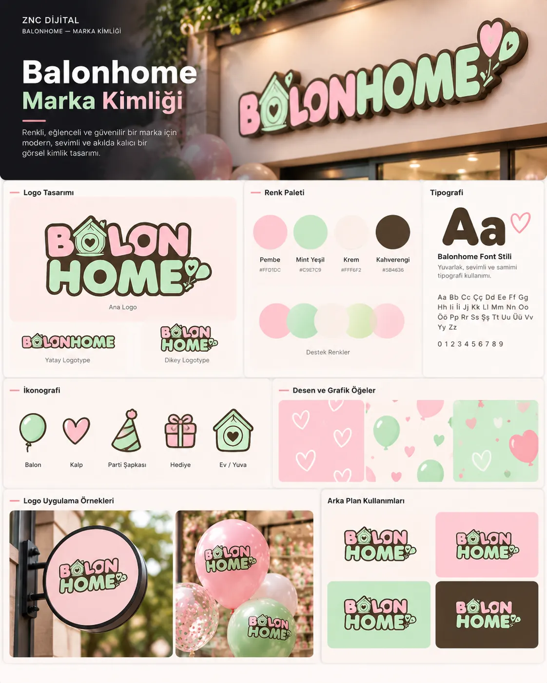 Balonhome brand identity board: logo, color palette, typography, iconography and pattern examples
