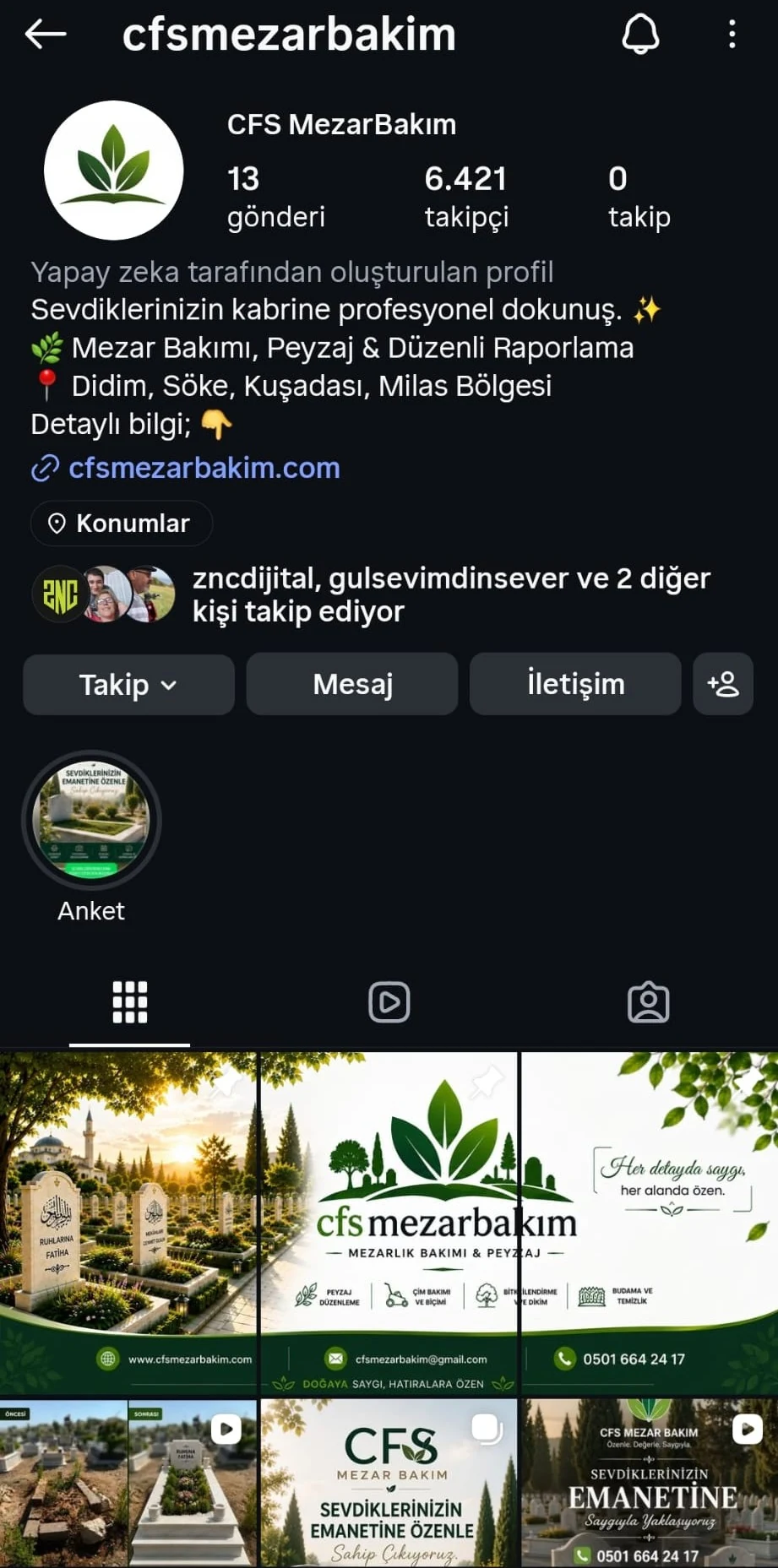CFS Mezar Bakım offizielles Instagram-Profil und Feed-Design von ZNC Digital